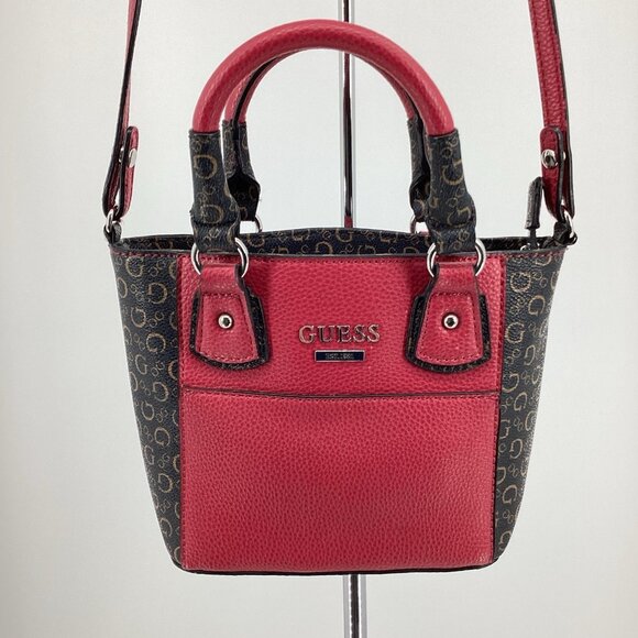 GUESS Small Crossbody Purse Mini Handbag Adj Strap Tote Red/Black Faux Leather - Picture 10 of 11